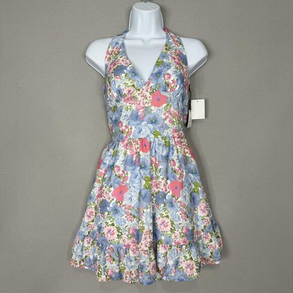 Originality Dress Womens Small Blue Floral Halter Backless Bow Sundress Boho - Picture 1 of 12